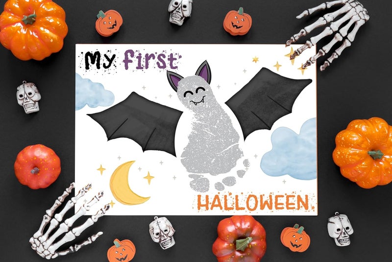 Xeqej Halloween Footprint Art Craft Kits, Baby First Halloween, Baby Footprint Keepsake Gifts, DIY Bat Foot Art Crafts, Newborn Foot Print Craft Kit, Greeting Cards Gifts, Newborn Announcement Props, 1 - Image 3
